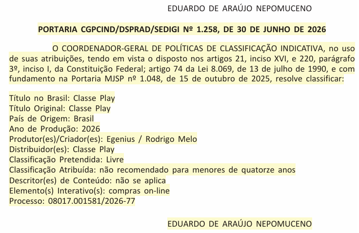 Publicação no Diário Oficial da União — Classe Play
